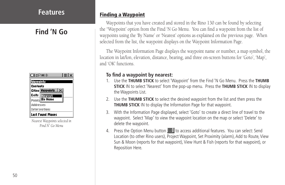 Finding a waypoint, Features, Find ‘n go | Garmin Rino 130 User Manual | Page 64 / 130