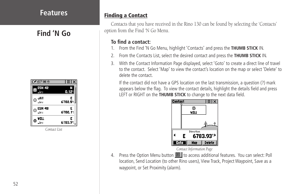 Finding a contact, Features, Find ‘n go | Garmin Rino 130 User Manual | Page 66 / 130