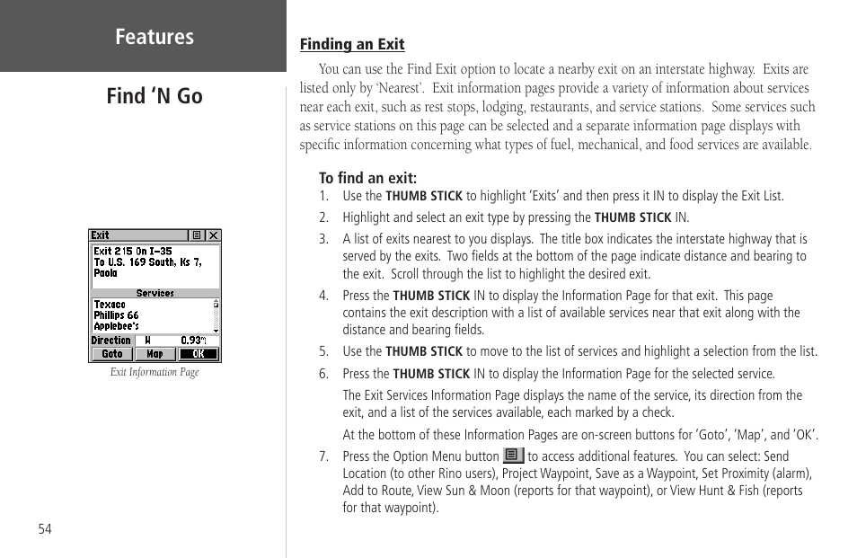 Finding an exit, Features, Find ‘n go | Garmin Rino 130 User Manual | Page 68 / 130