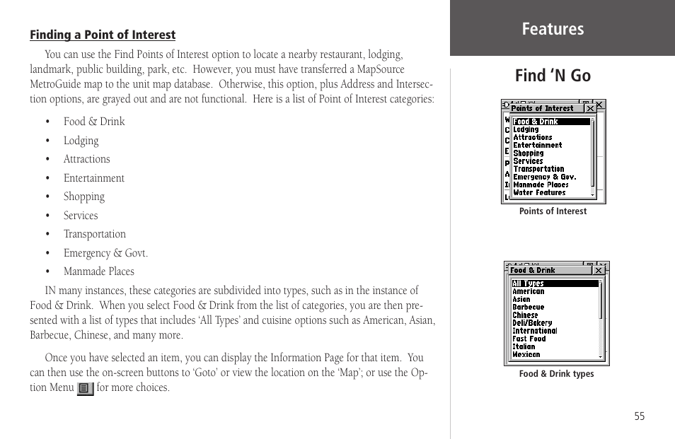 Finding a point of interest, Features, Find ‘n go | Garmin Rino 130 User Manual | Page 69 / 130