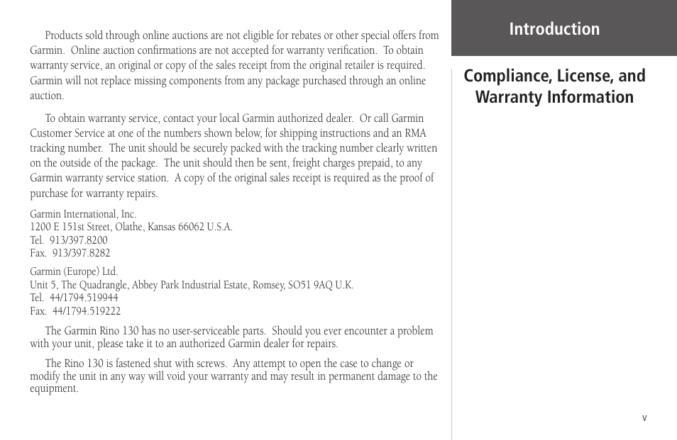 Introduction, Compliance, license, and warranty information | Garmin Rino 130 User Manual | Page 7 / 130