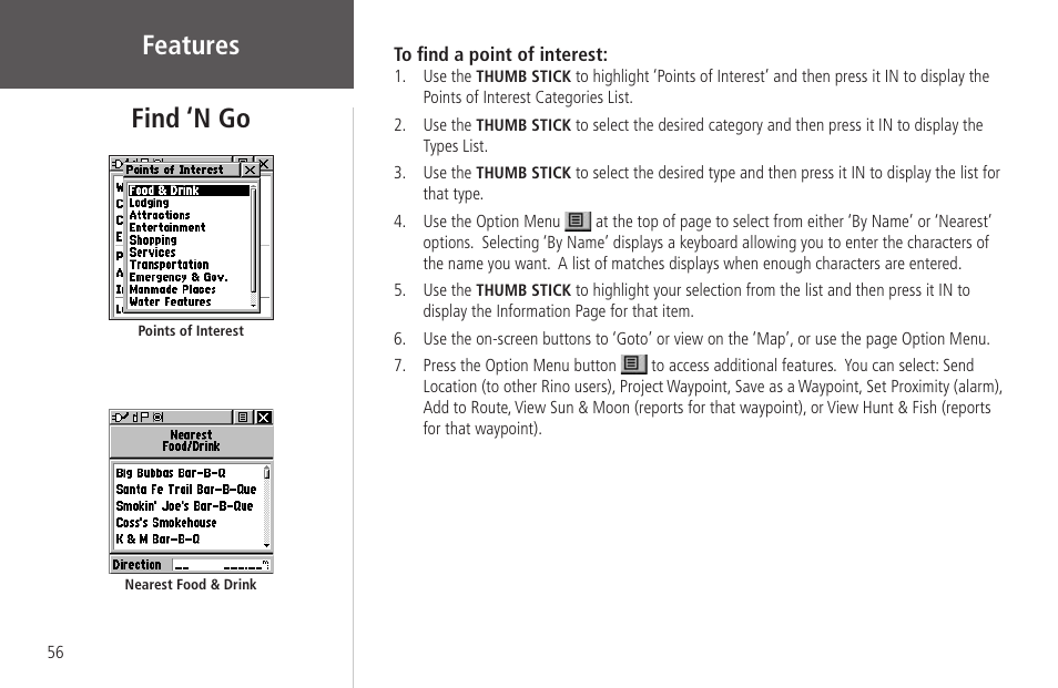 Features, Find ‘n go | Garmin Rino 130 User Manual | Page 70 / 130