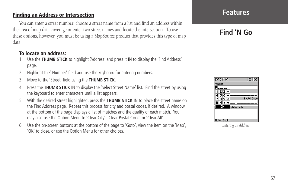 Finding an address or intersection, Features find ‘n go | Garmin Rino 130 User Manual | Page 71 / 130