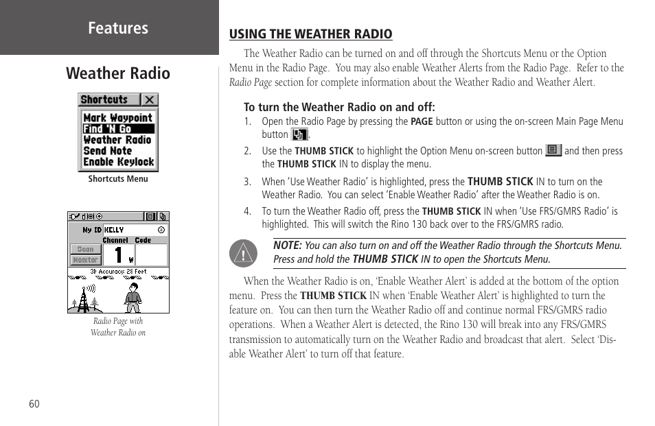 Weather radio, Using the weather radio, Weather radio using the weather radio | Features weather radio | Garmin Rino 130 User Manual | Page 74 / 130