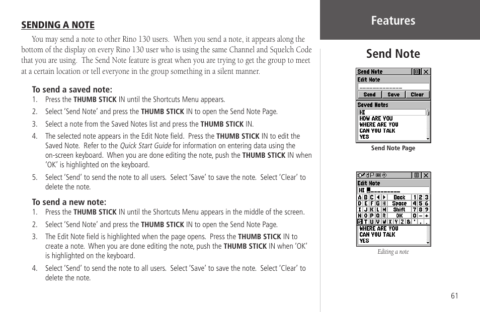 Send note, Sending a note, Send note sending a note | Garmin Rino 130 User Manual | Page 75 / 130