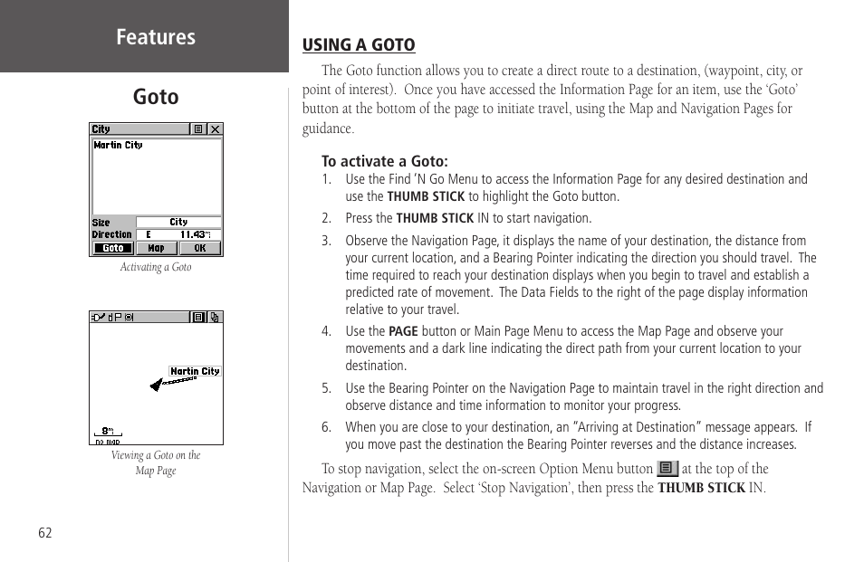 Goto, Using a goto, Goto using a goto | Features goto | Garmin Rino 130 User Manual | Page 76 / 130