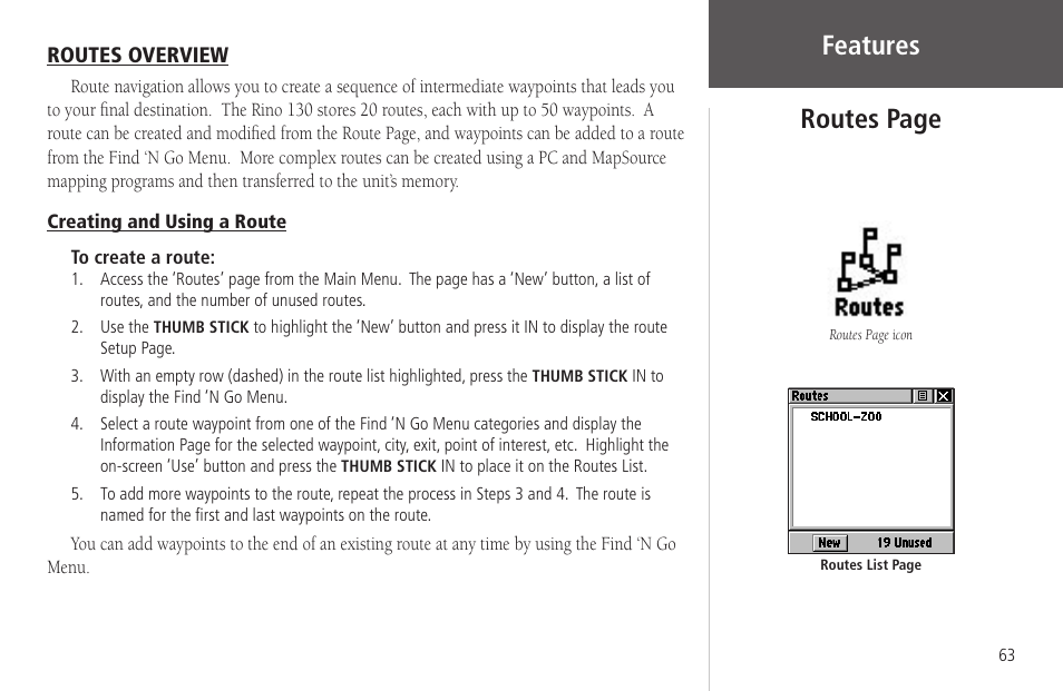 Routes overview, Creating and using a route, Features | Routes page | Garmin Rino 130 User Manual | Page 77 / 130