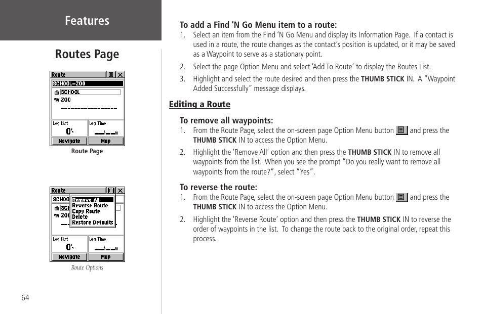 Editing a route, Features, Routes page | Garmin Rino 130 User Manual | Page 78 / 130