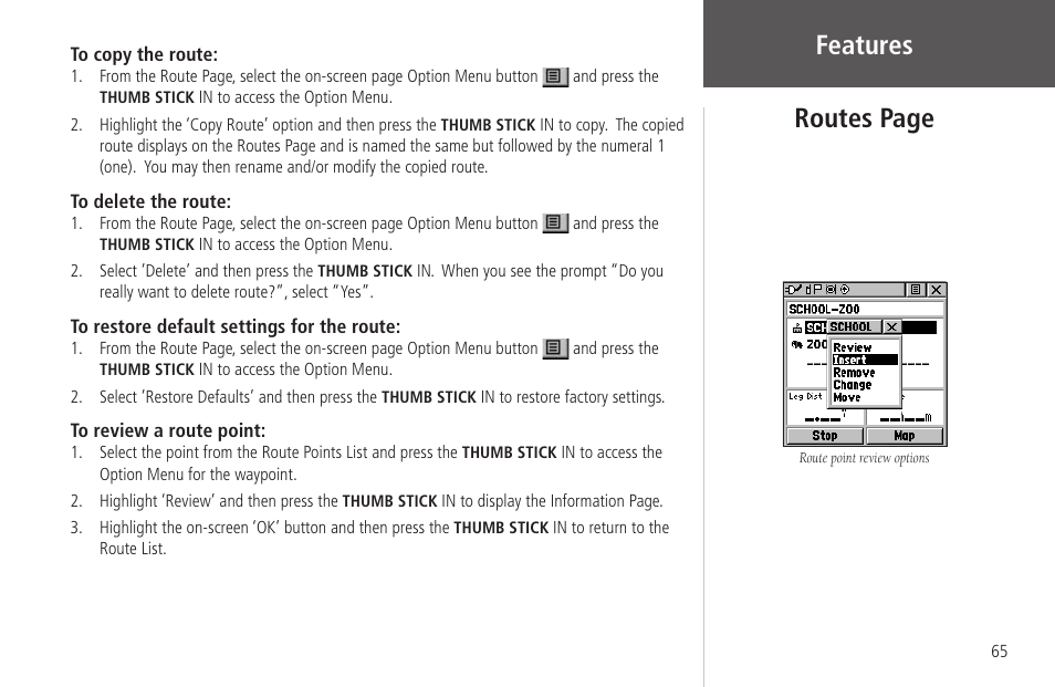 Features, Routes page | Garmin Rino 130 User Manual | Page 79 / 130