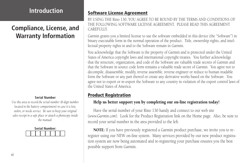 Software license agreement, Product registration | Garmin Rino 130 User Manual | Page 8 / 130