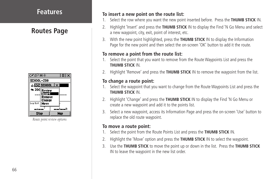 Features, Routes page | Garmin Rino 130 User Manual | Page 80 / 130