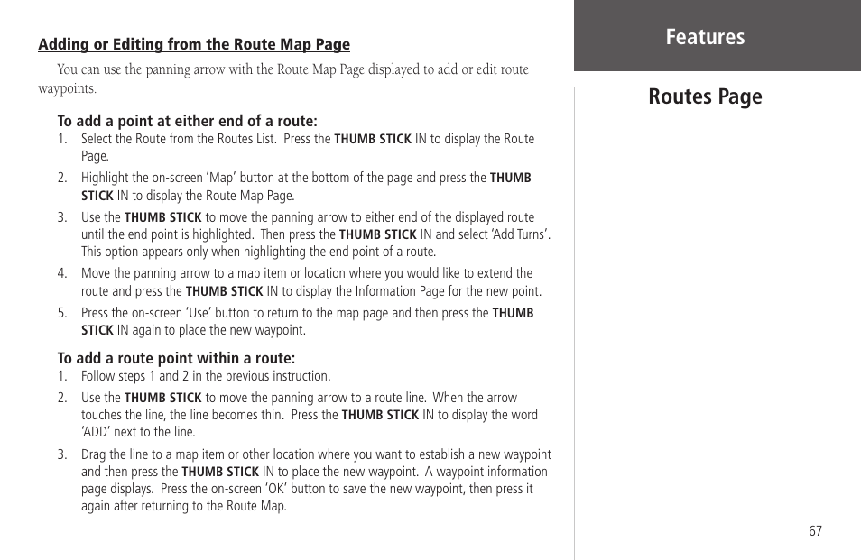 Adding or editing from the route map, Features routes page | Garmin Rino 130 User Manual | Page 81 / 130