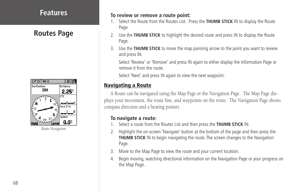 Navigating a route, Features routes page | Garmin Rino 130 User Manual | Page 82 / 130