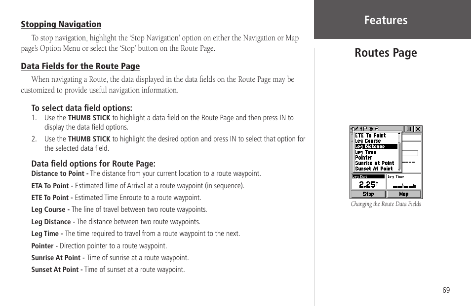 Stopping navigation, Features routes page | Garmin Rino 130 User Manual | Page 83 / 130