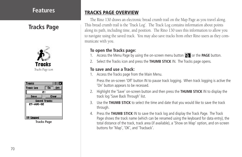 Features, Tracks page | Garmin Rino 130 User Manual | Page 84 / 130