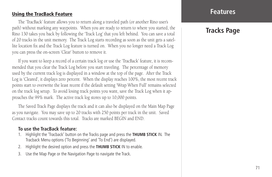 Using the tracback feature, Features, Tracks page | Garmin Rino 130 User Manual | Page 85 / 130