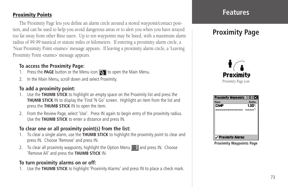 Proximity points, Features proximity page | Garmin Rino 130 User Manual | Page 87 / 130