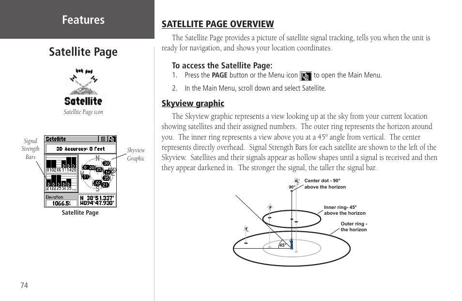 Skyview graphic, Features satellite page, Satellite page overview | Garmin Rino 130 User Manual | Page 88 / 130