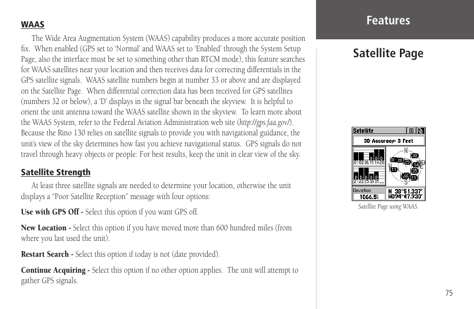 Waas, Satellite strength, Waas satellite strength | Features satellite page | Garmin Rino 130 User Manual | Page 89 / 130