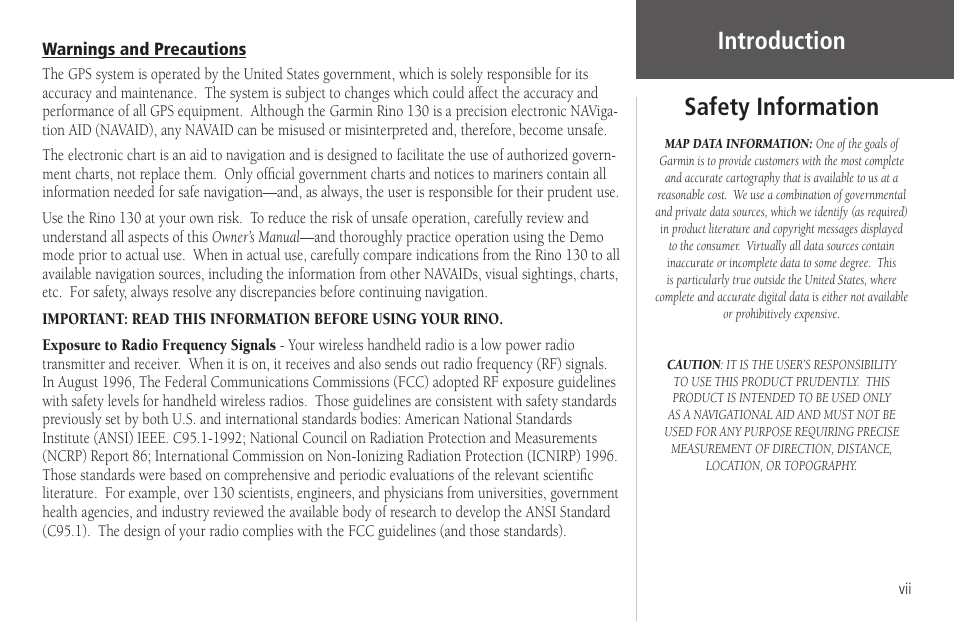 Safety information, Warnings and precautions, Introduction | Garmin Rino 130 User Manual | Page 9 / 130