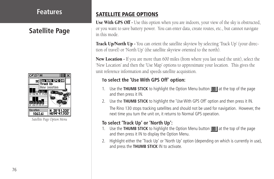 Features satellite page | Garmin Rino 130 User Manual | Page 90 / 130