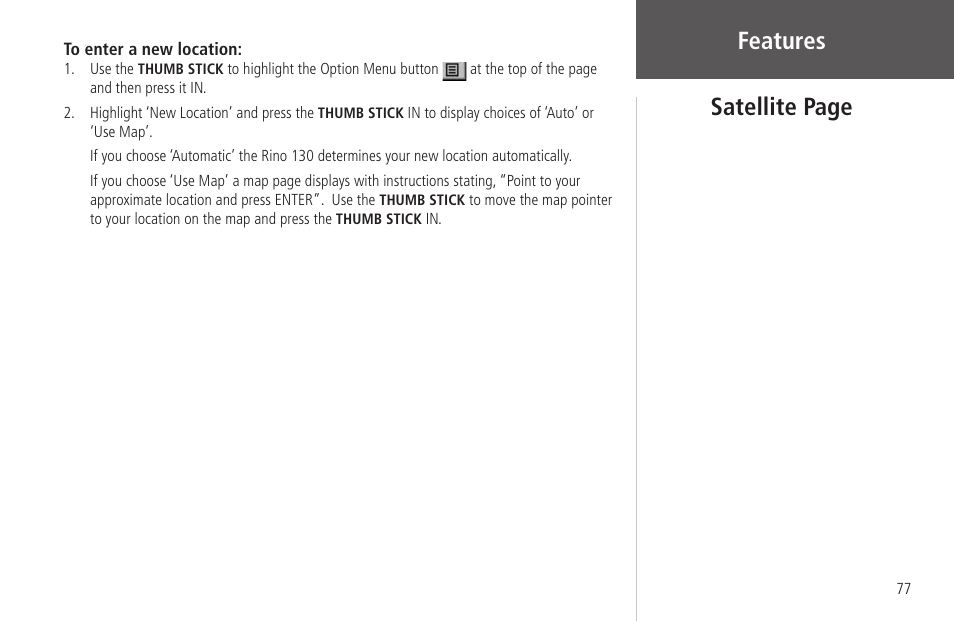 Features, Satellite page | Garmin Rino 130 User Manual | Page 91 / 130