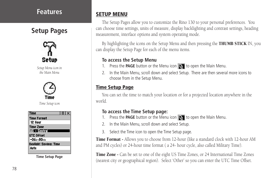 Setup menu, Features, Setup pages | Garmin Rino 130 User Manual | Page 92 / 130