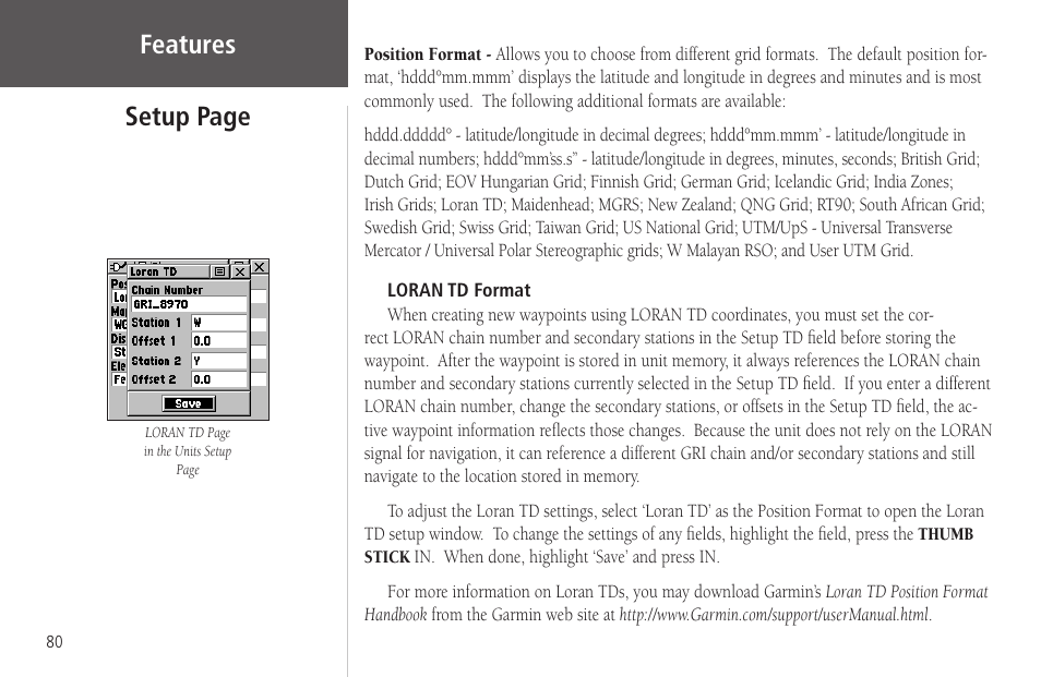 Features, Setup page | Garmin Rino 130 User Manual | Page 94 / 130