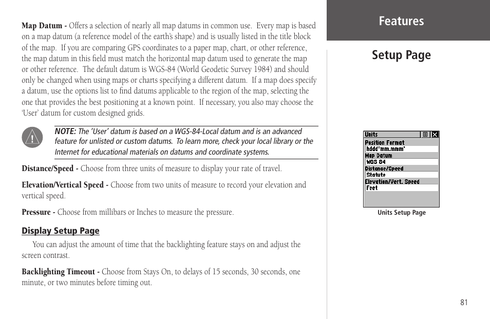 Features, Setup page | Garmin Rino 130 User Manual | Page 95 / 130