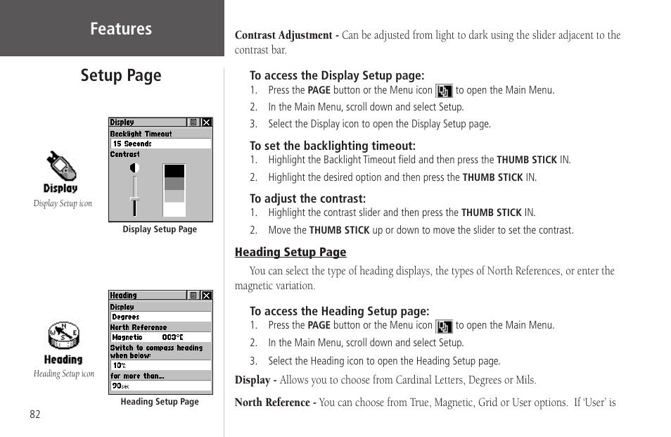 Features, Setup page | Garmin Rino 130 User Manual | Page 96 / 130