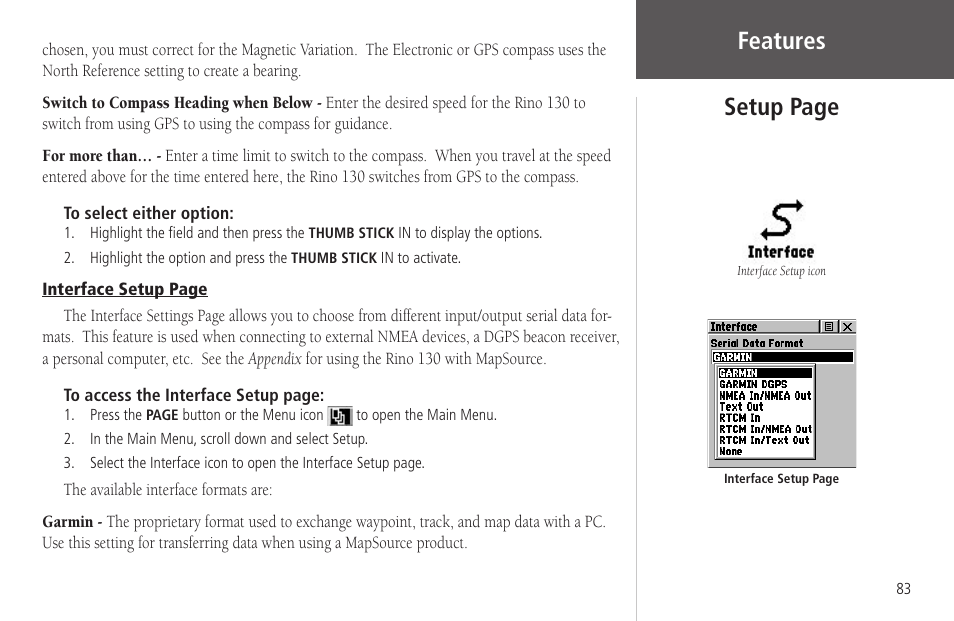 Features, Setup page | Garmin Rino 130 User Manual | Page 97 / 130