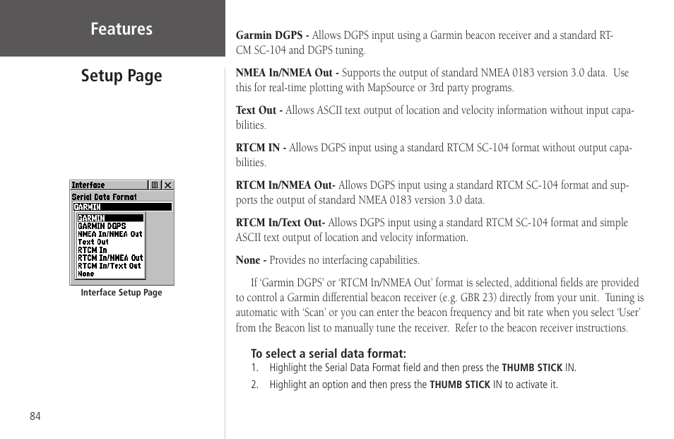 Features, Setup page | Garmin Rino 130 User Manual | Page 98 / 130