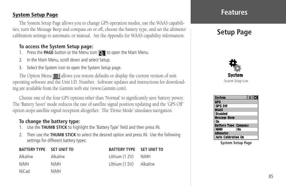 Features, Setup page | Garmin Rino 130 User Manual | Page 99 / 130