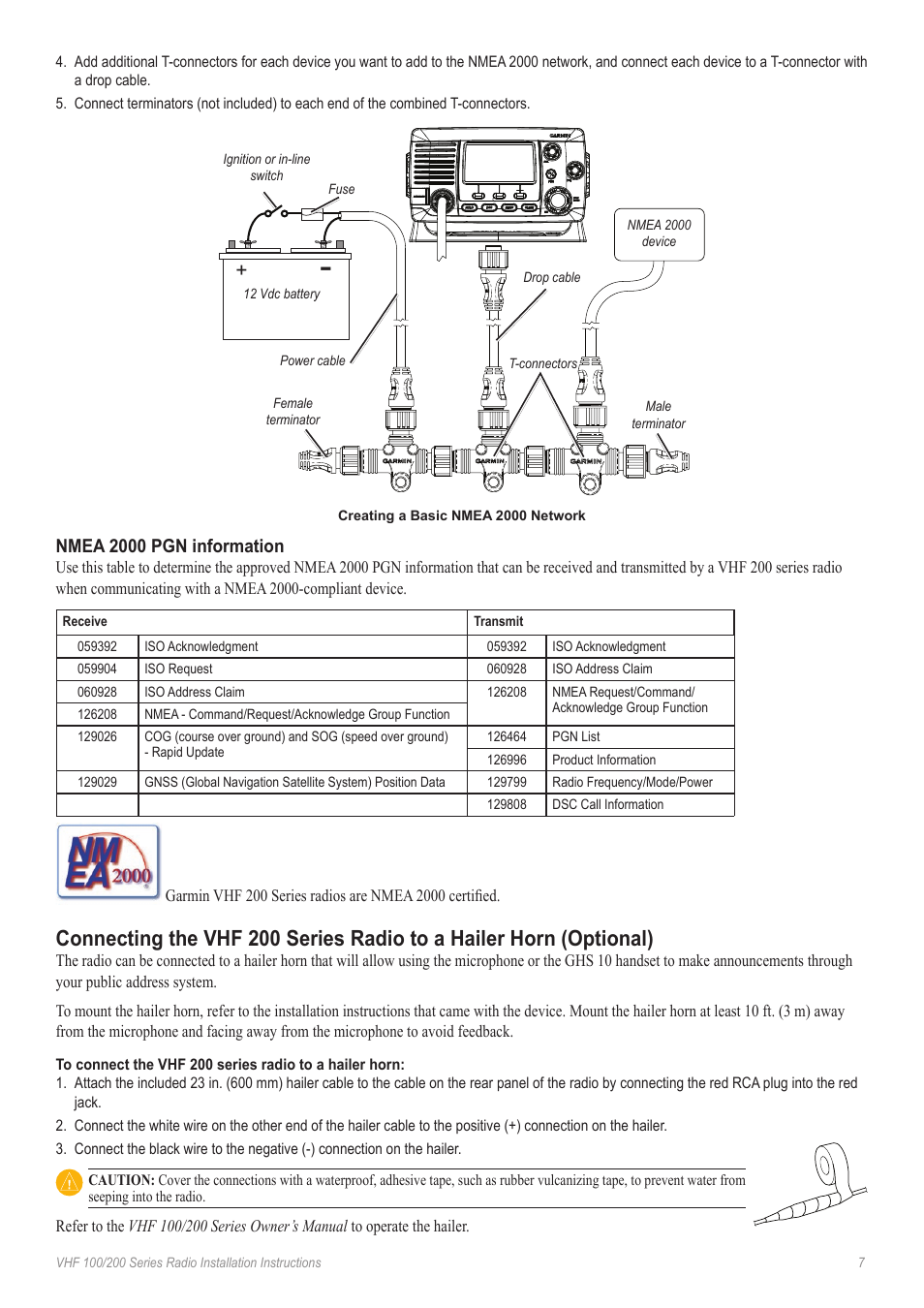 Connecting the radio to a hailer horn, Nmea 2000 pgn information | Garmin VHF 200i User Manual | Page 7 / 10