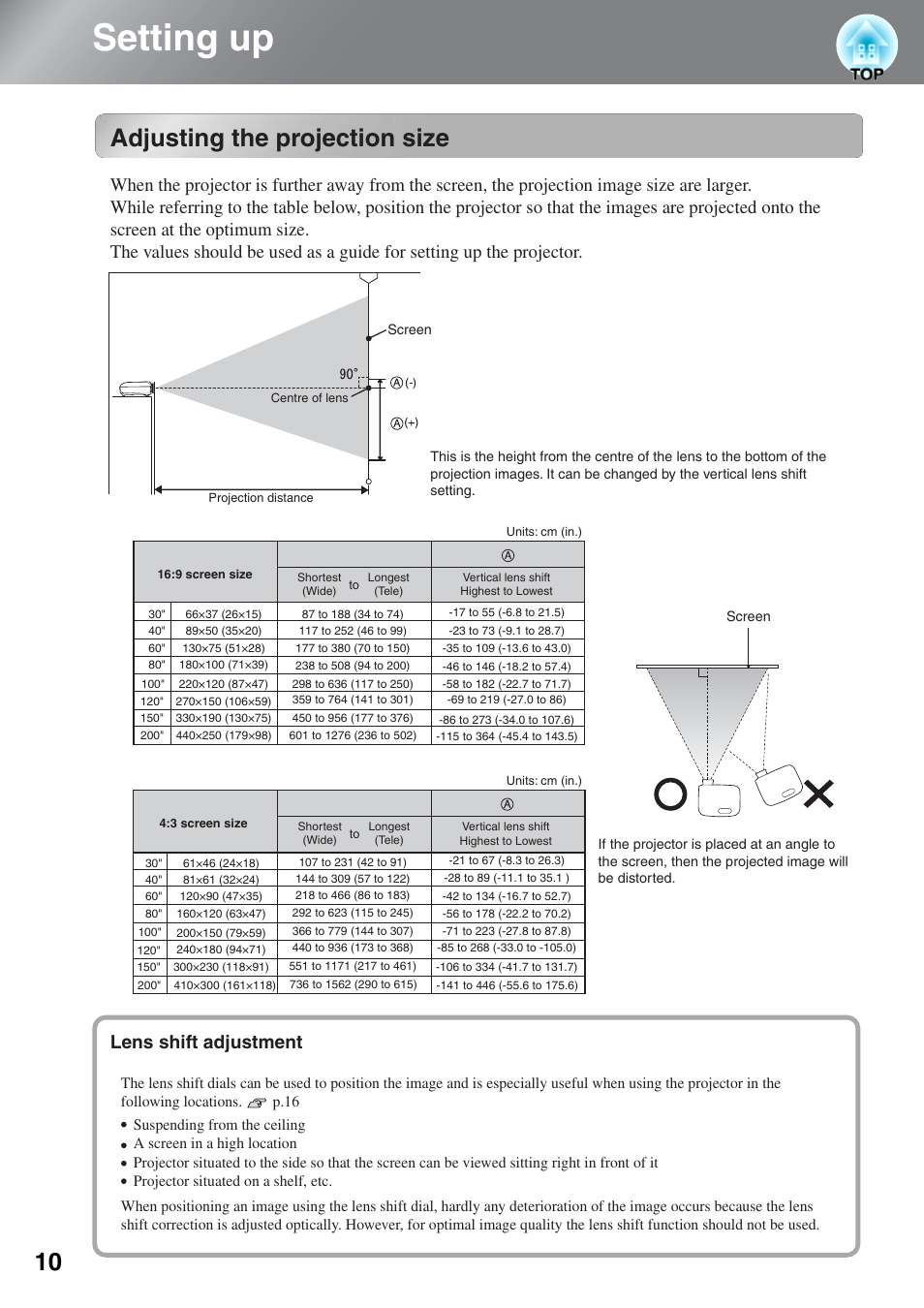 Setting up, Adjusting the projection size | Epson EH-TW4000 User Manual | Page 12 / 64