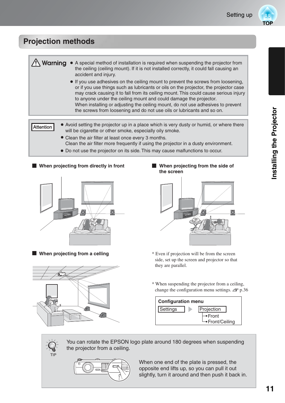 Projection methods, Install ing the pr ojector | Epson EH-TW4000 User Manual | Page 13 / 64