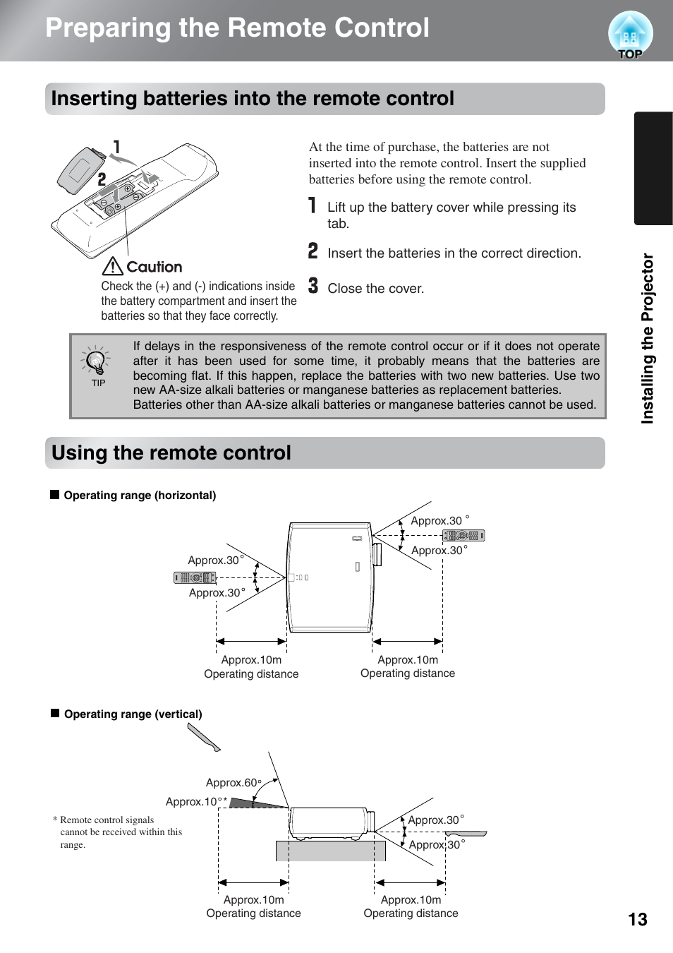 Preparing the remote control, Inserting batteries into the remote control, Using the remote control | Install ing the pr ojector | Epson EH-TW4000 User Manual | Page 15 / 64