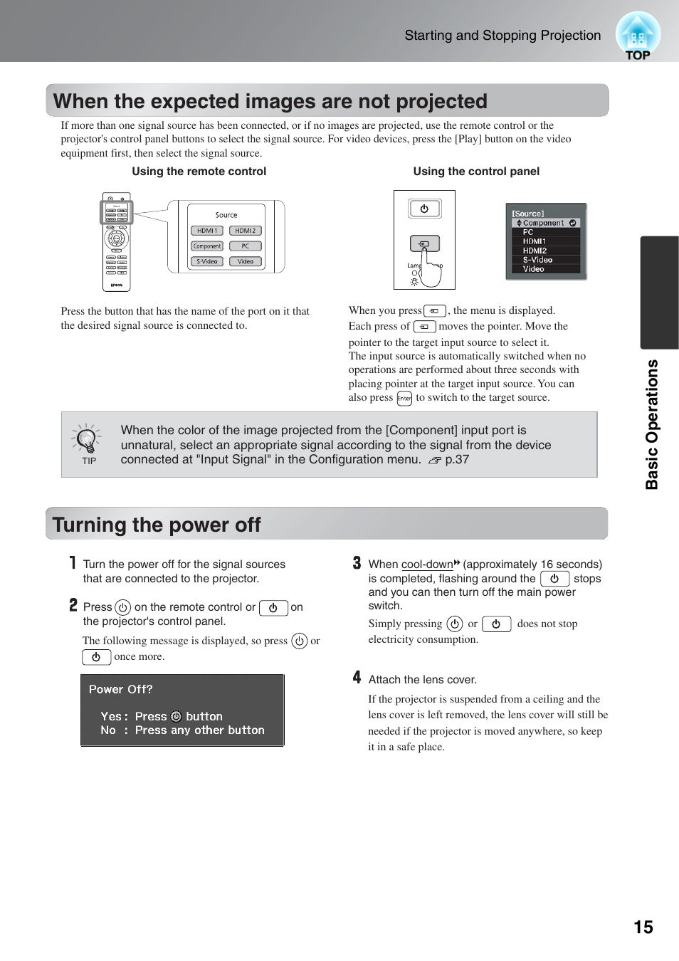 When the expected images are not projected, Turning the power off, When the expected images are | Not projected | Epson EH-TW4000 User Manual | Page 17 / 64