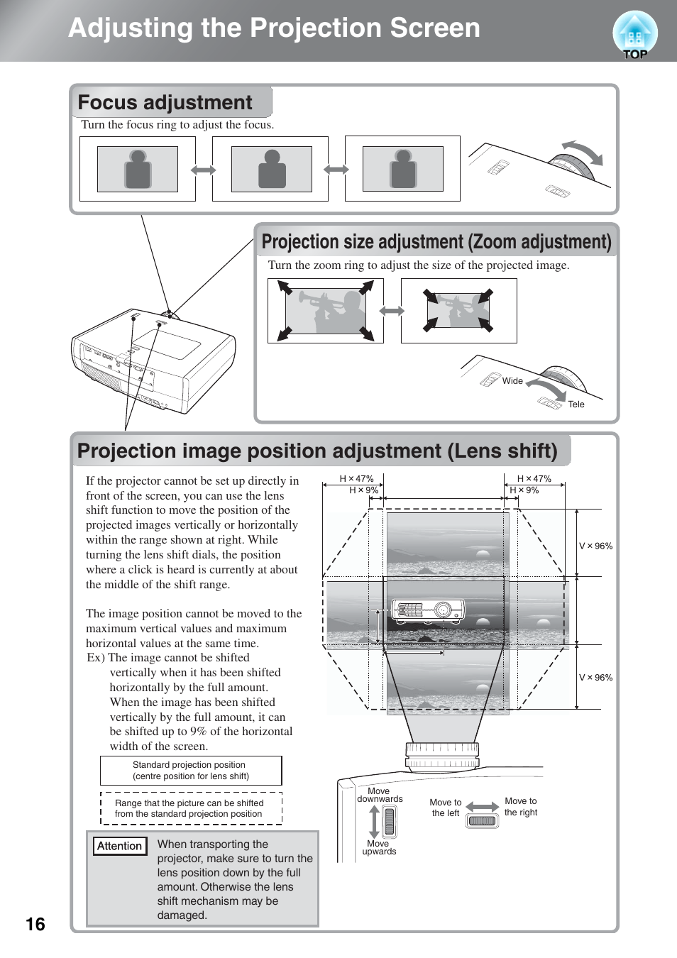 Adjusting the projection screen, Focus adjustment, Projection size adjustment (zoom adjustment) | Projection image position adjustment (lens shift), Projection size adjustment, Zoom adjustment), Projection image position adjustment, Lens shift) | Epson EH-TW4000 User Manual | Page 18 / 64