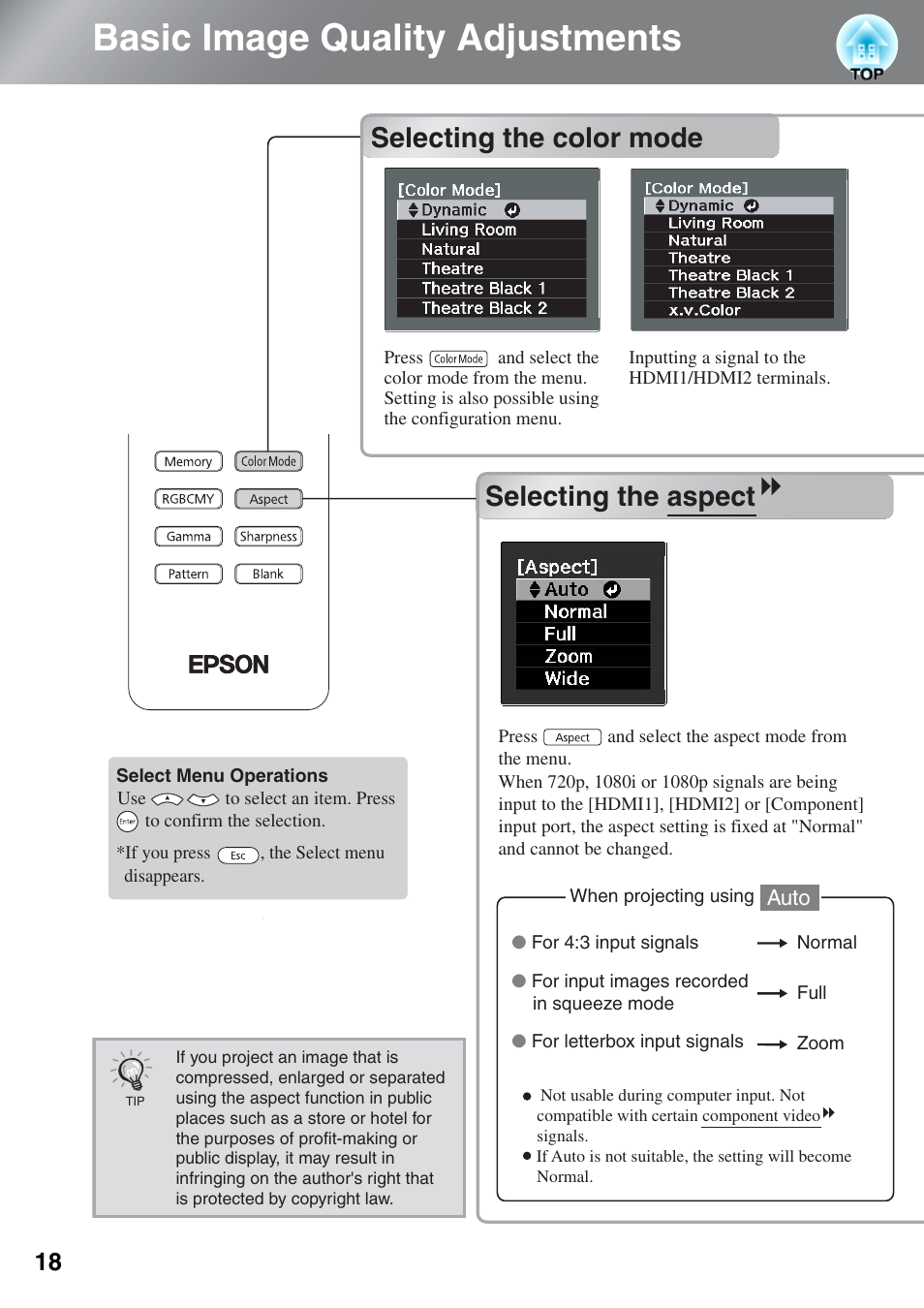 Basic image quality adjustments, Selecting the color mode, Selecting the aspect | Selecting the color mode selecting the aspect | Epson EH-TW4000 User Manual | Page 20 / 64