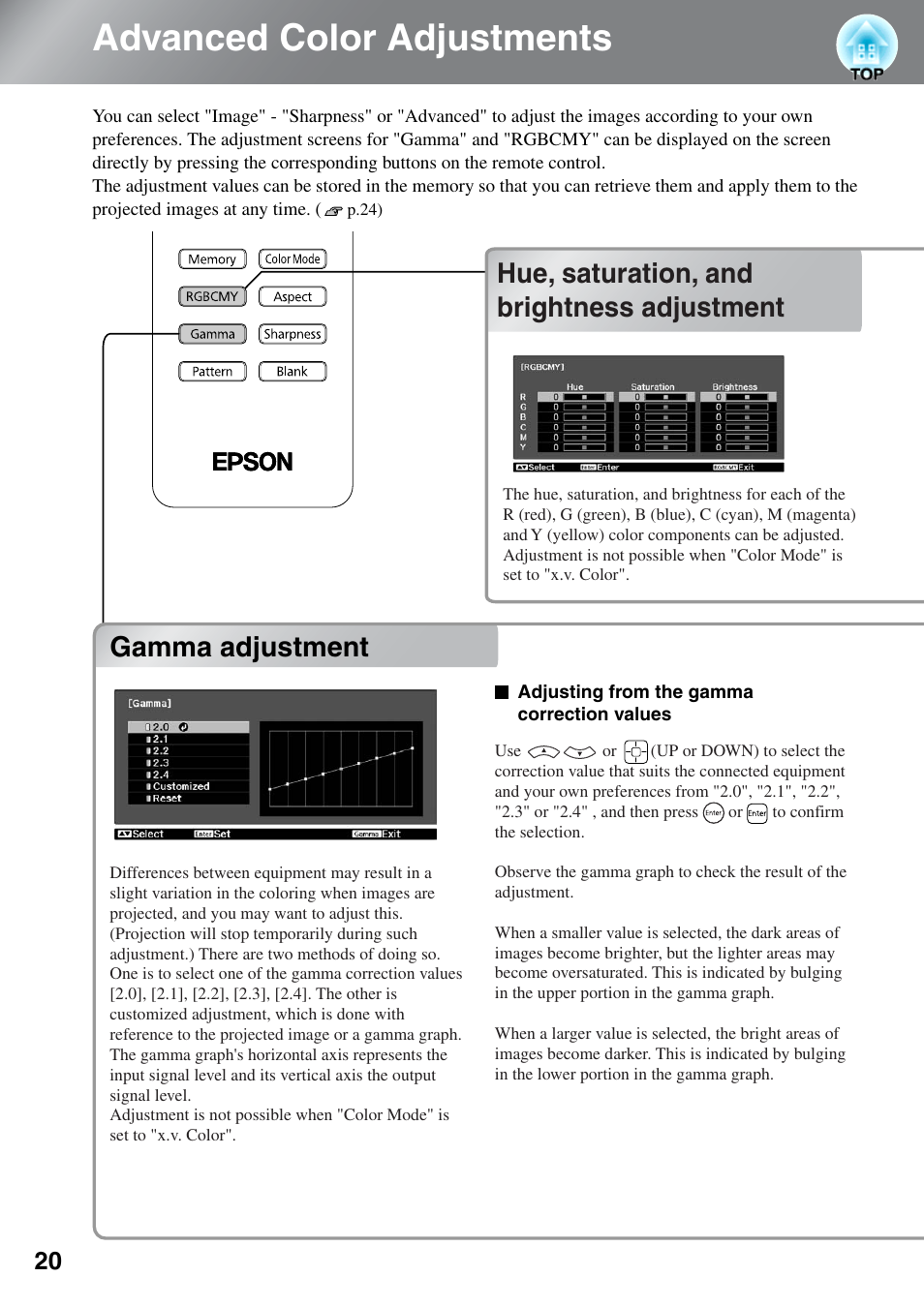 Advanced color adjustments, Hue, saturation, and brightness adjustment, Gamma adjustment | Hue, saturation, and brightness, Adjustment | Epson EH-TW4000 User Manual | Page 22 / 64