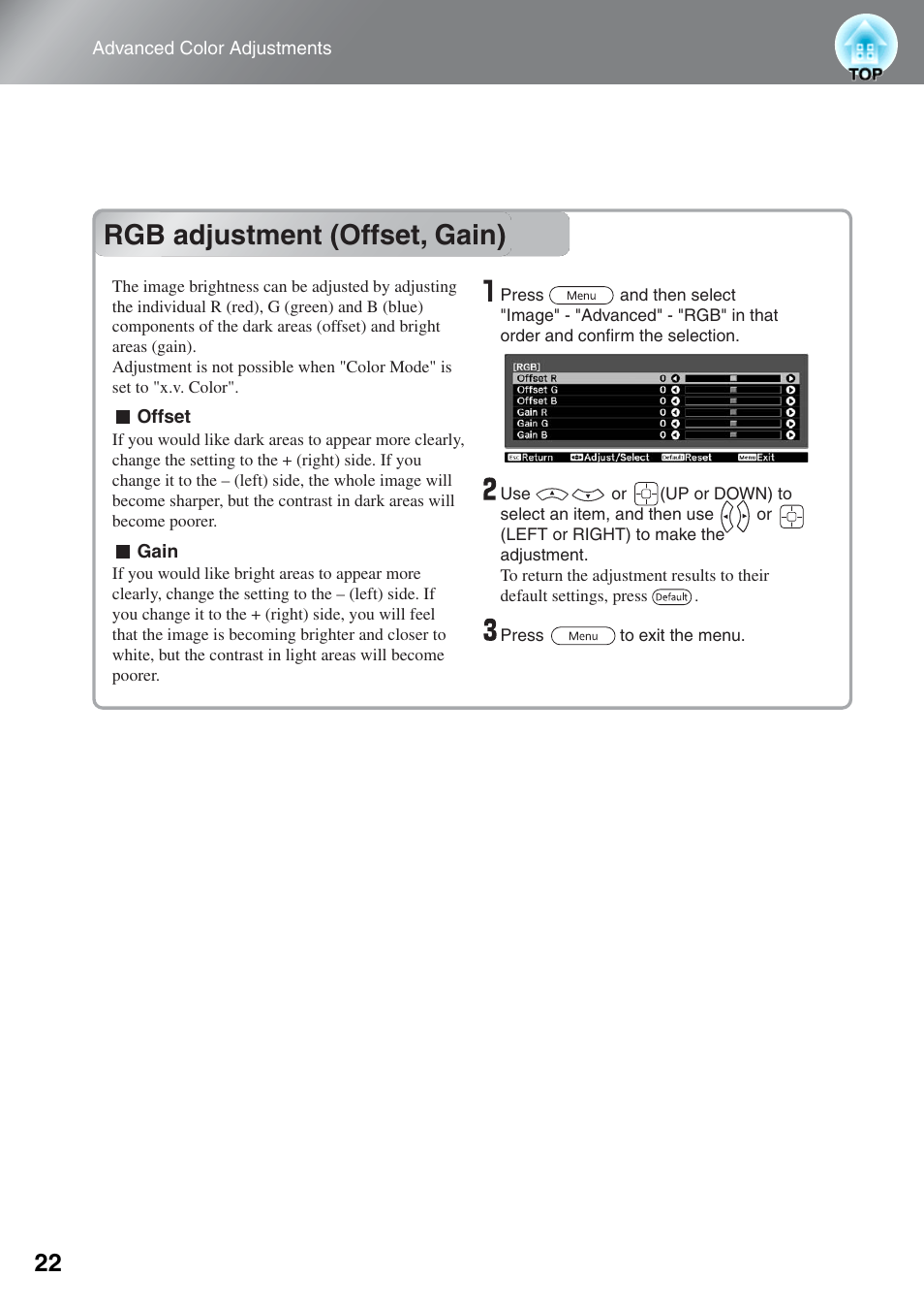 Rgb adjustment (offset, gain) | Epson EH-TW4000 User Manual | Page 24 / 64