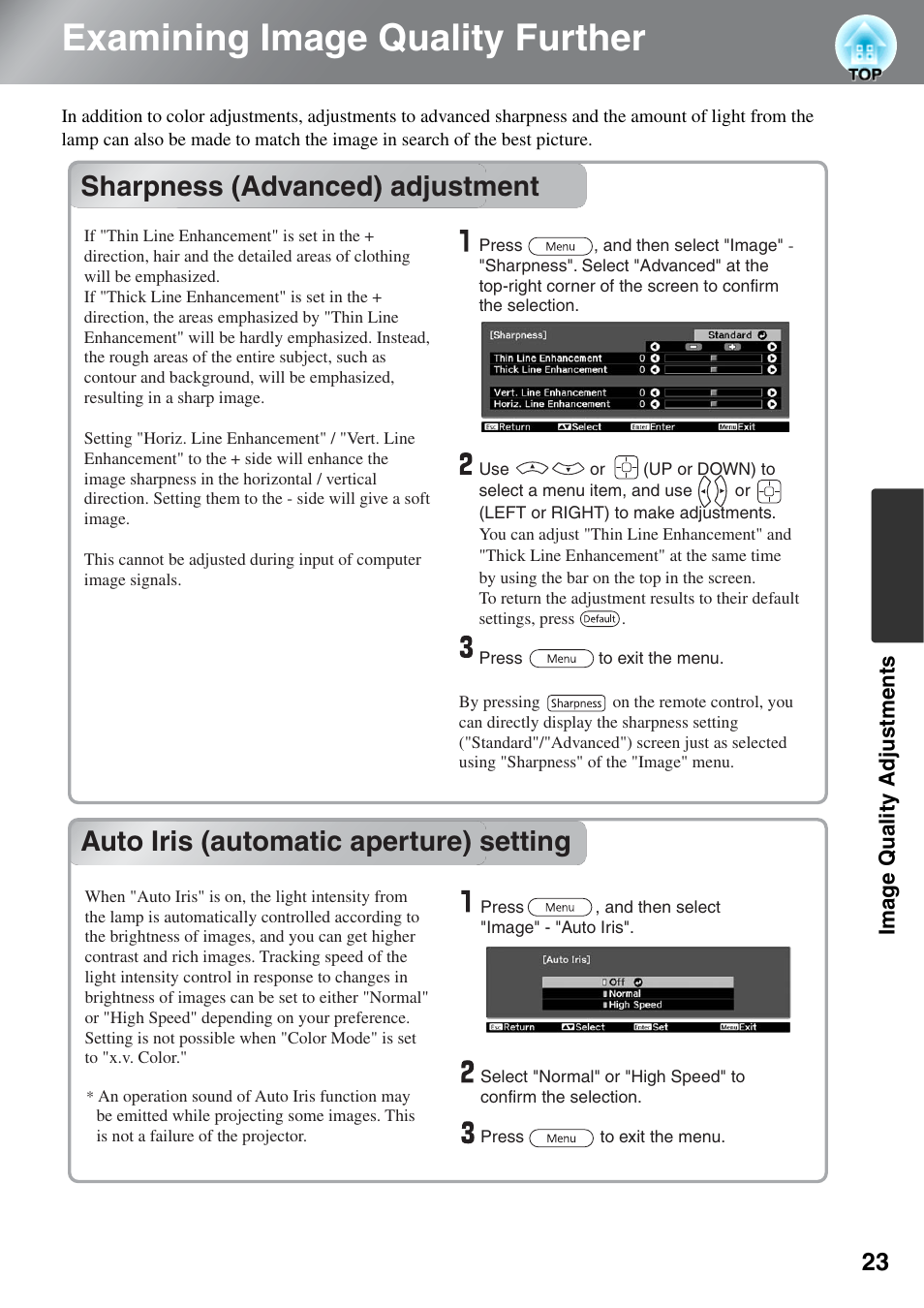 Examining image quality further, Sharpness (advanced) adjustment, Auto iris (automatic aperture) setting | Epson EH-TW4000 User Manual | Page 25 / 64