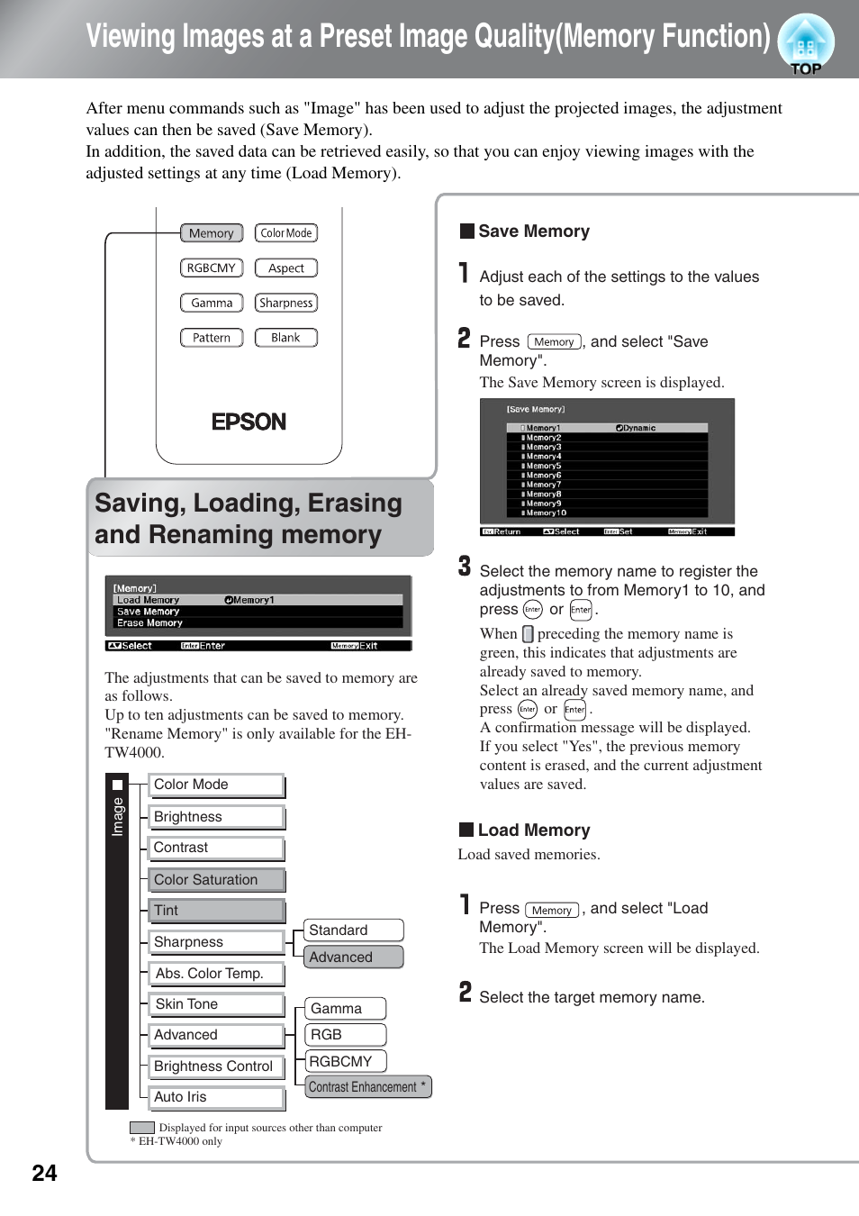 Saving, loading, erasing and renaming memory, Viewing images at a preset image quality, Memory function) | Saving, loading, erasing and, Renaming memory | Epson EH-TW4000 User Manual | Page 26 / 64