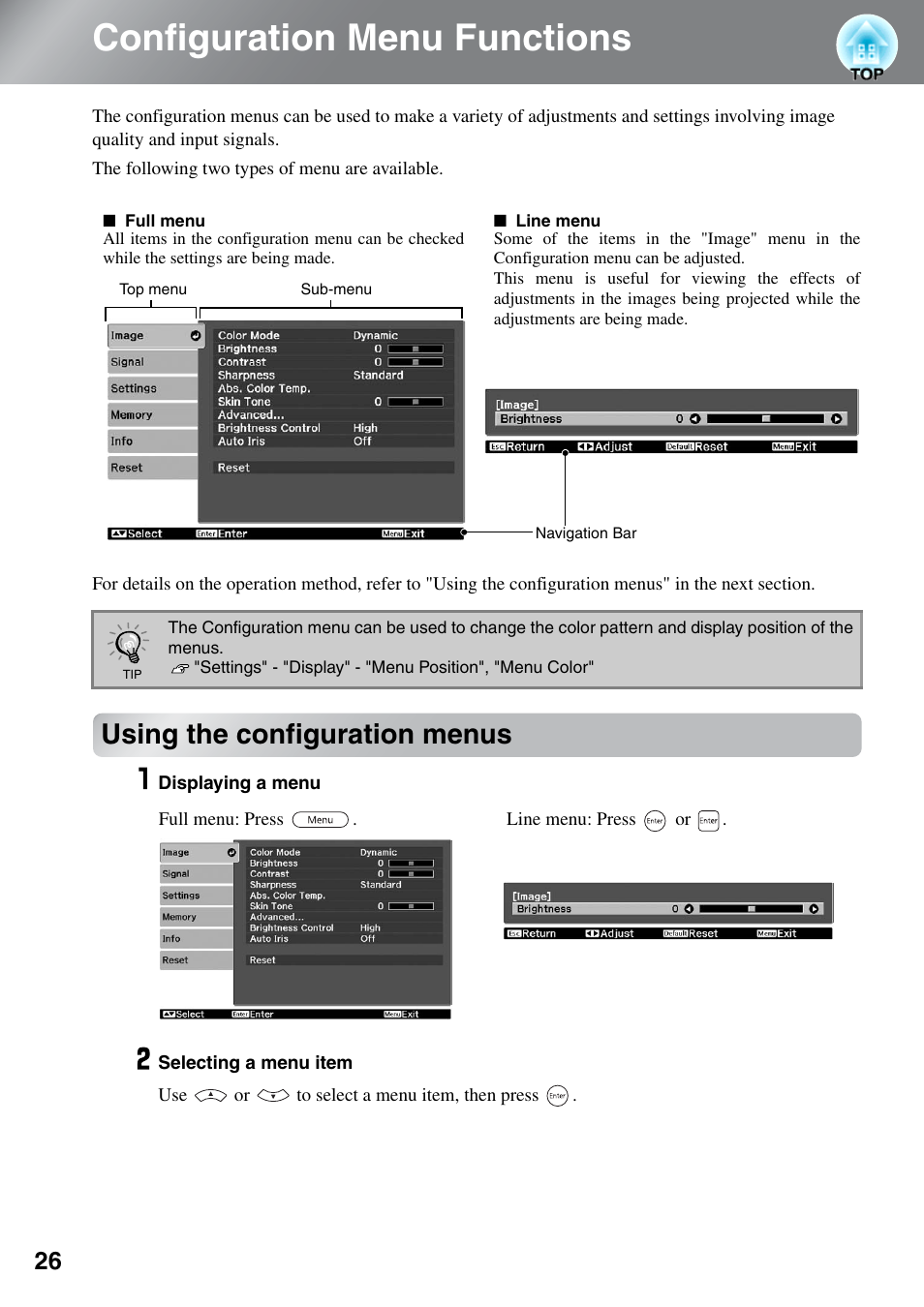 Configuration menu functions, Using the configuration menus | Epson EH-TW4000 User Manual | Page 28 / 64