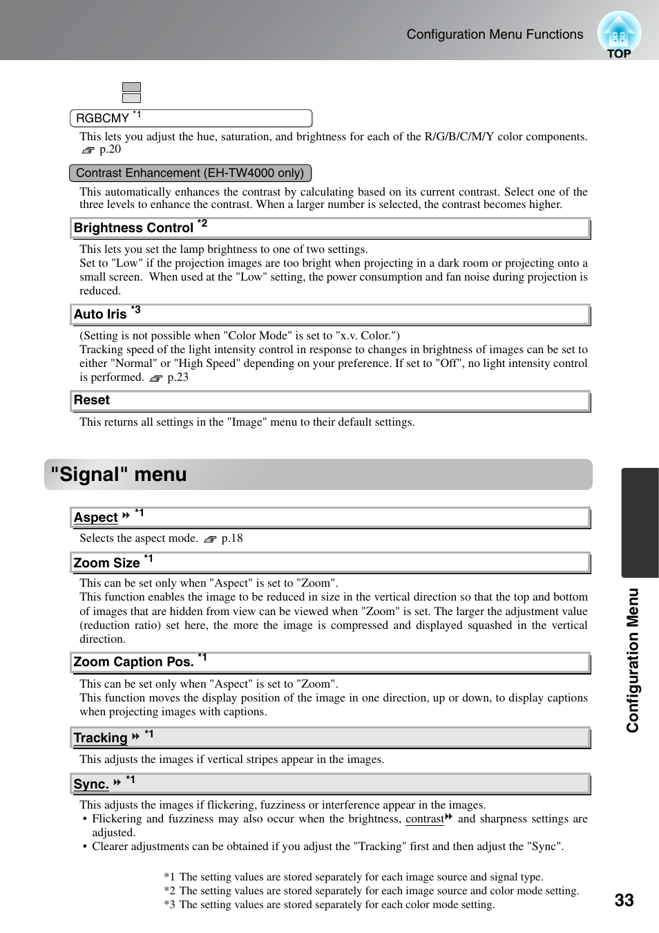 Signal" menu, Configuration men u | Epson EH-TW4000 User Manual | Page 35 / 64