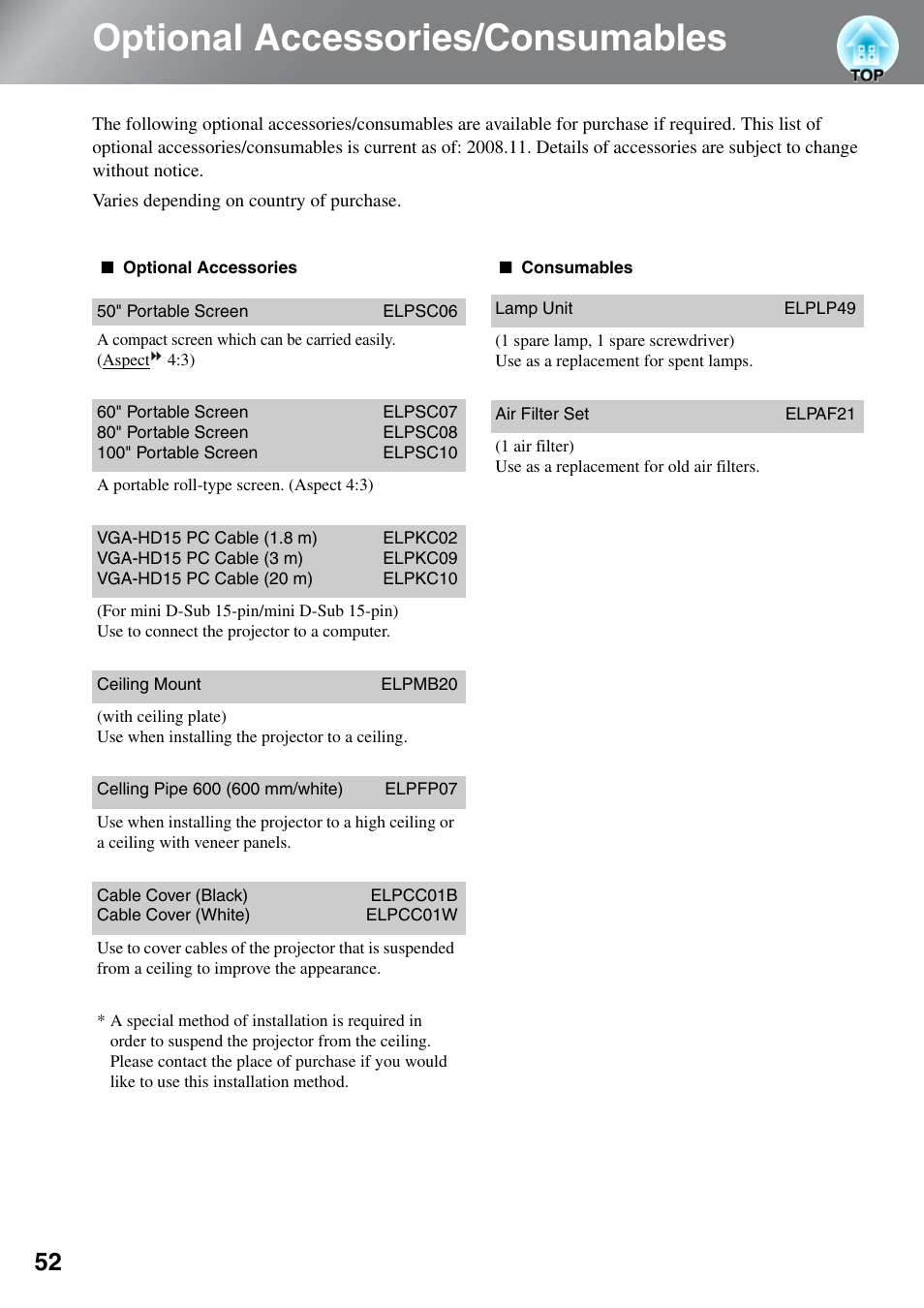 Optional accessories/consumables | Epson EH-TW4000 User Manual | Page 54 / 64