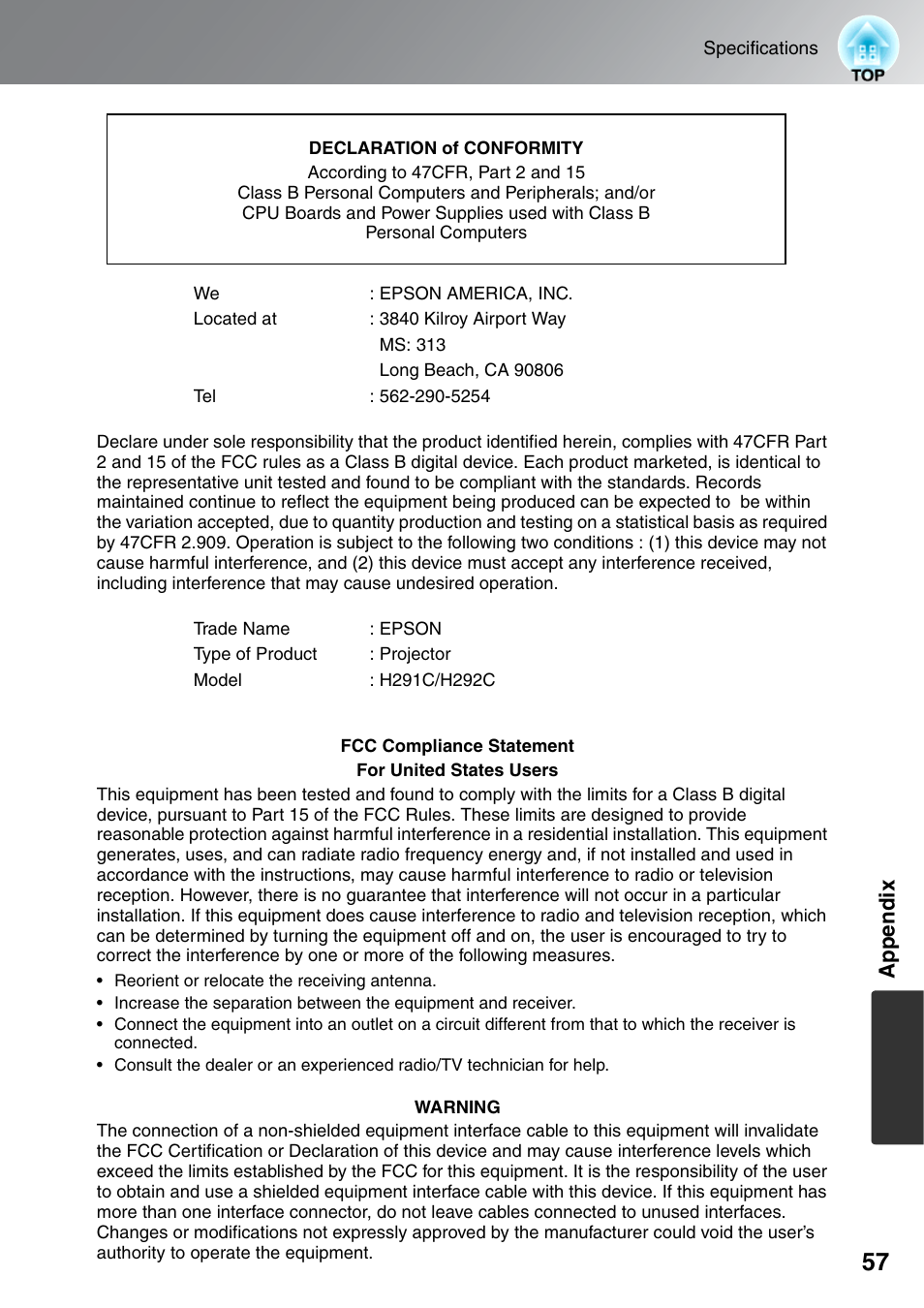 Appendix | Epson EH-TW4000 User Manual | Page 59 / 64