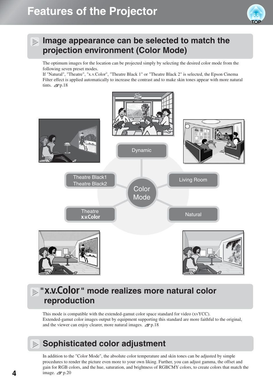 Features of the projector, Sophisticated color adjustment | Epson EH-TW4000 User Manual | Page 6 / 64