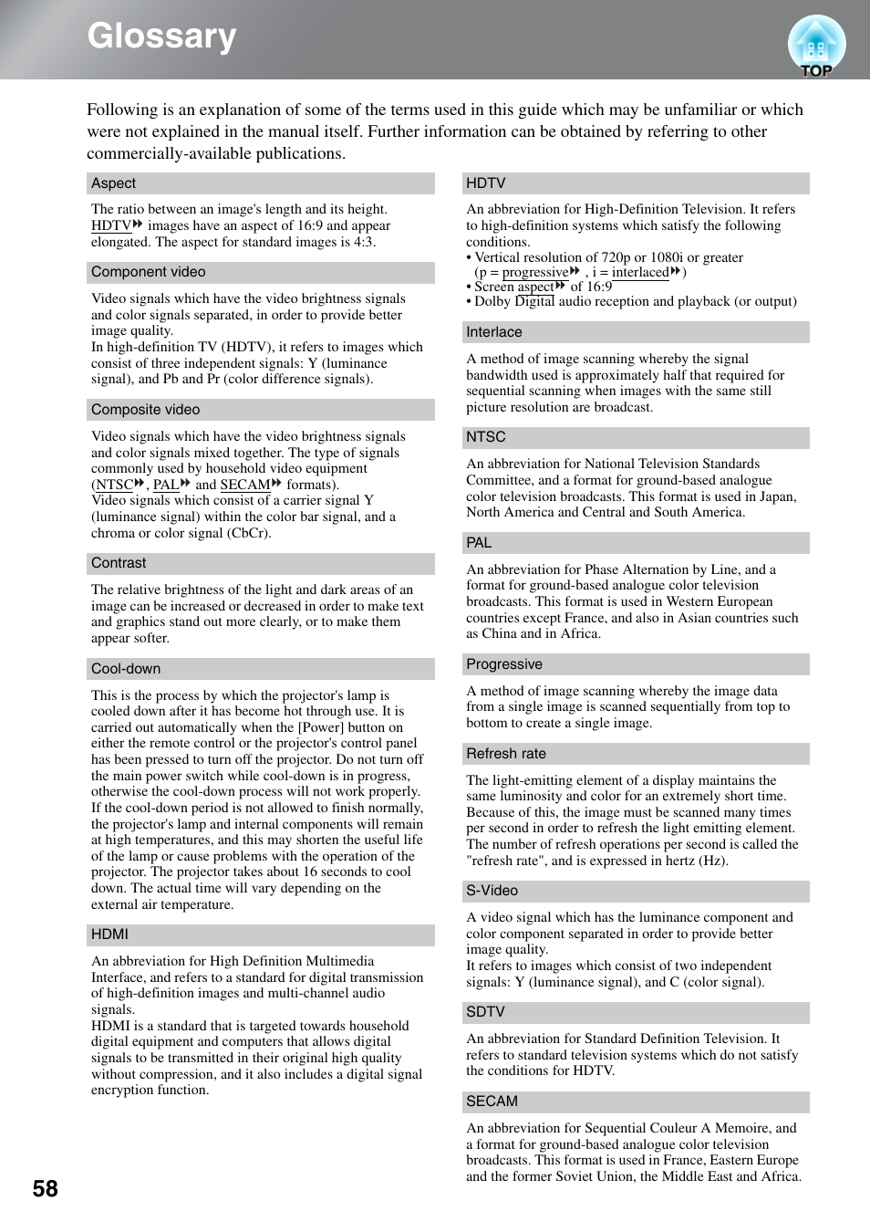 Glossary | Epson EH-TW4000 User Manual | Page 60 / 64